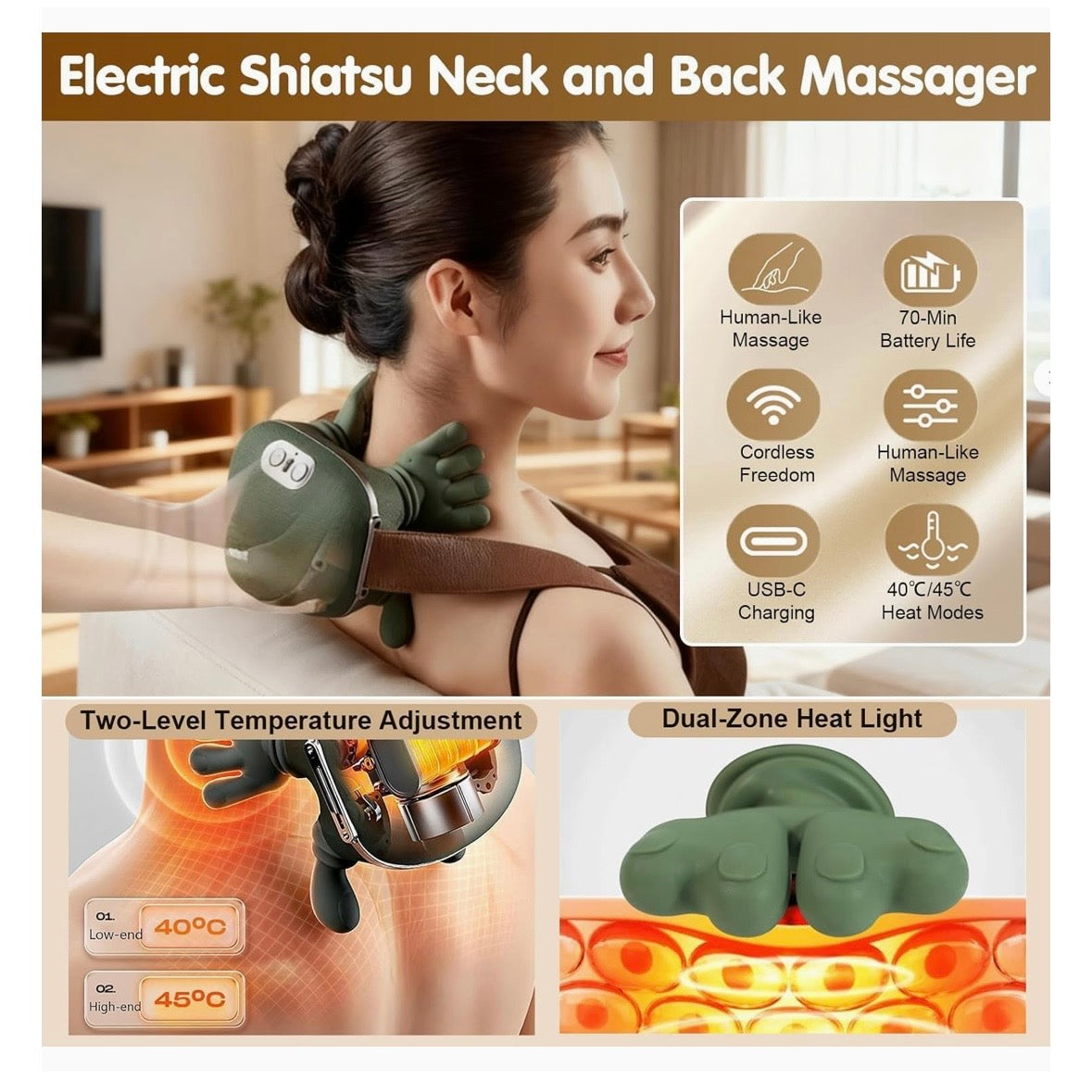 Heated Neck & Back Massager – Wireless Portable Shiatsu Deep Tissue 4D Kneading Massage Pillow with Heat Therapy for Pain Relief & Muscle Relaxation (Green)