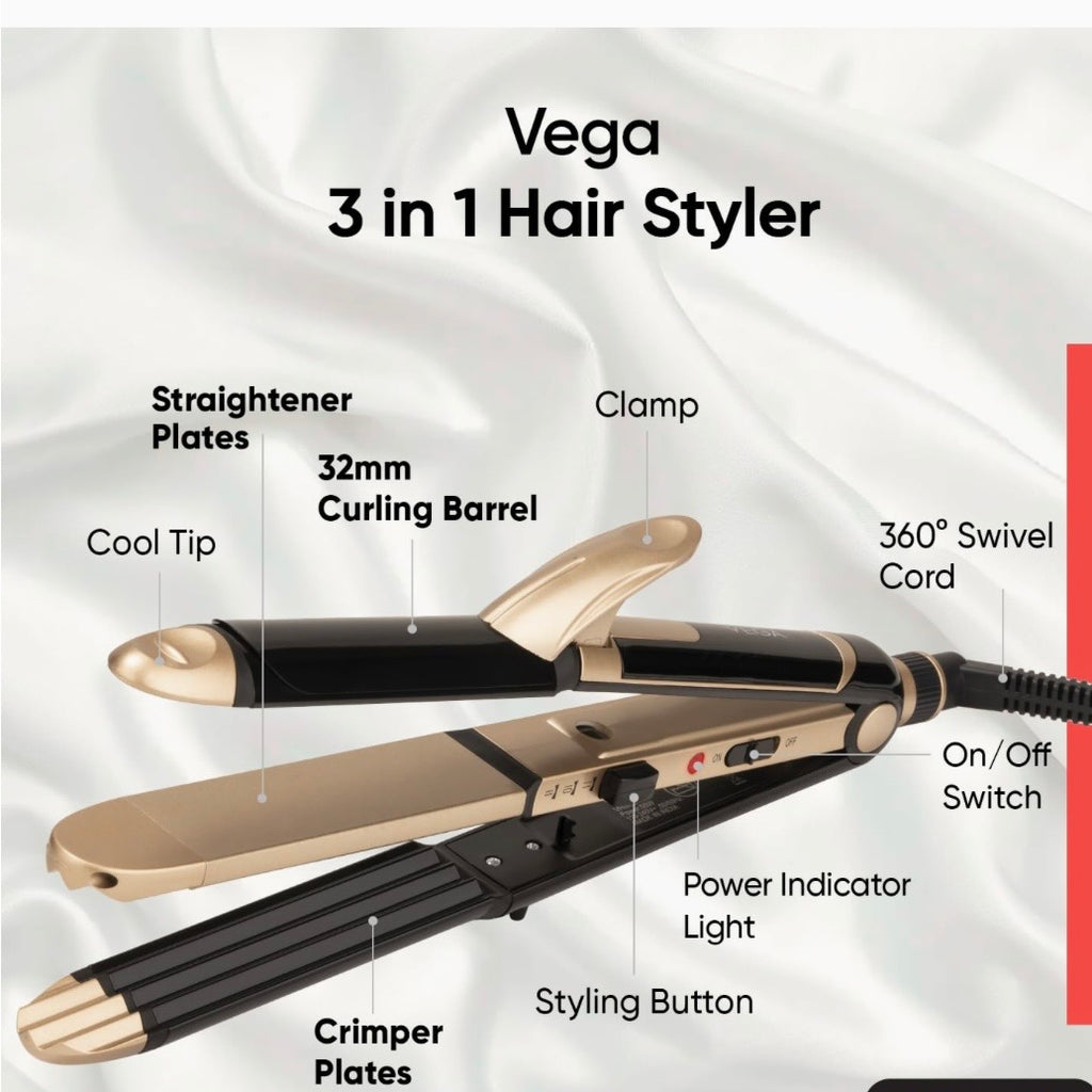 Vega 3-in-1 Hair Styler for Women | Straightener, Curler & Crimper